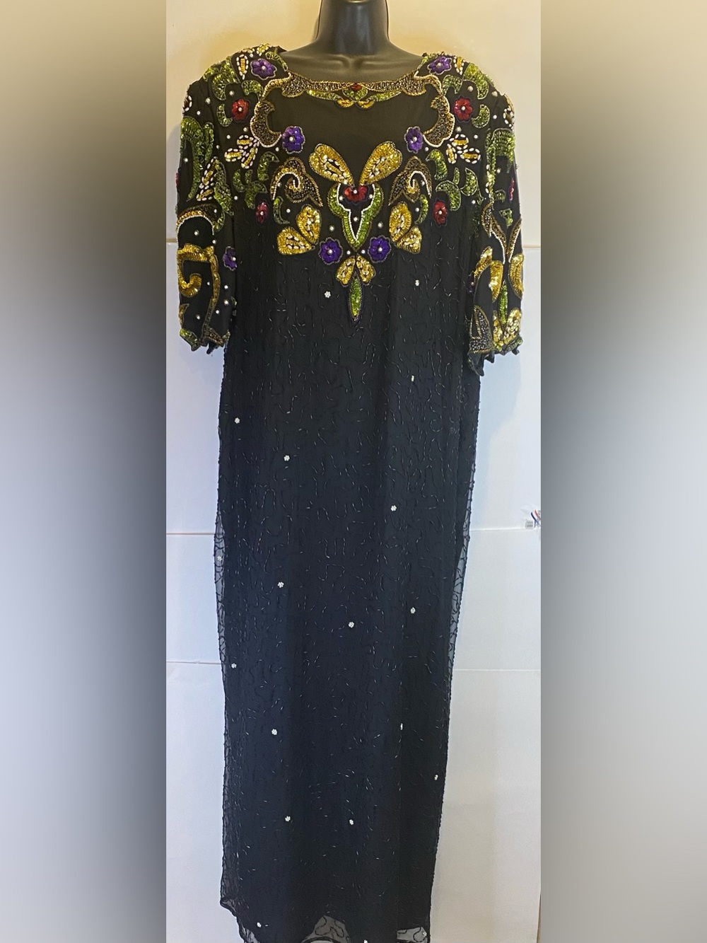 CARINA VINTAGE 🖤Black Embellished Maxi Dress with Gold and Multicolor Beading